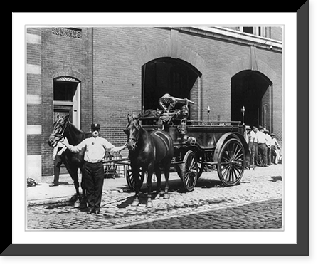 Fireman with 2 horses and fire engine in front of firehouse, 11th and Lucas, St. Louis, Mo, Vintage Poster
