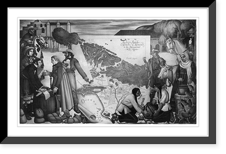 Historic Framed Print, [Mural paintings of historical allegory: map of early Los Angeles; Spanish and Mex. settlers; Indians making pottery],  17-7/8" x 21-7/8"