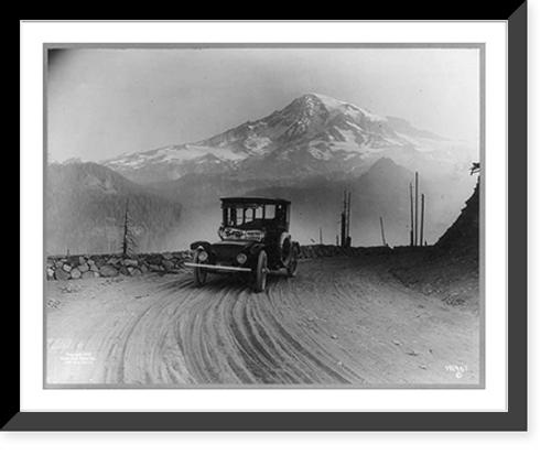 Historic Framed Print, [Detroit Electric" auto on promotional tour through mountains from "Seattle to Mt. Rainier": Mt. Ranier in background]",  17-7/8" x 21-7/8"