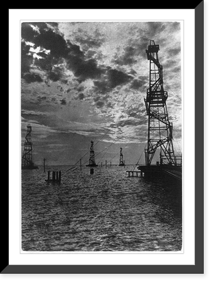 Historic Framed Print, [Four oil derricks in water, Baku, Azerbijan Soviet Socialistic Republic],  17-7/8" x 21-7/8"