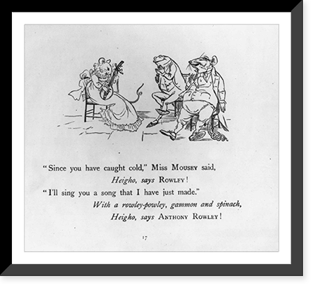 Historic Framed Print, [Hey Diddle Diddle Picture Book, Caldecott p. 17 - playing the mandolin (b&w) Frog & Mouse],  17-7/8" x 21-7/8"