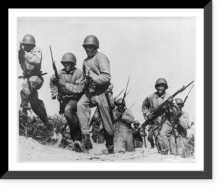 African American soldiers charging with fixed bayonets. Great Lakes Naval Training Center, Ill, Antique Poster