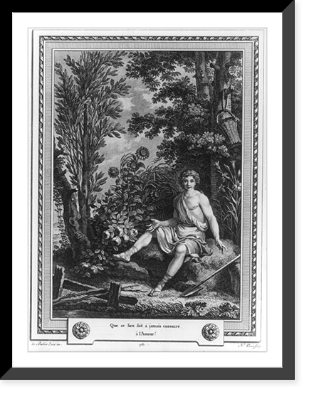 Youth seated amid trees and flowers; basket on branch and shovel on ground, Antique Poster
