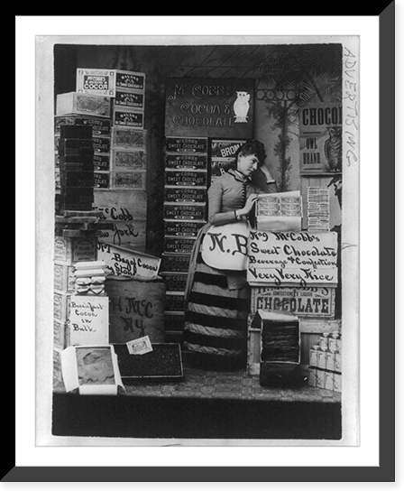 Advertisement for McCobb's cocoa and chocolate, showing woman posed with products, Vintage Poster