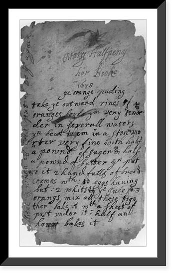 Hand written initial page from Hannah Wolley, The Queen-like Closet, (recipe for orange pudding?) 1672, Vintage Wall Art