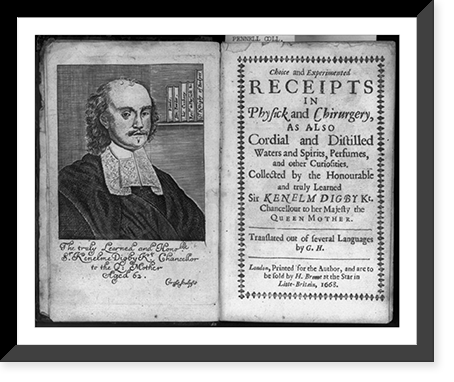 Engraved portrait of Kenelm Digby and title page from his Choice and Experimented Receipts in Physick and Chirurgery. 1668 Classic, Antique Poster