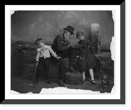 Historic Framed Print, [Bearded man holding crab and 2 children on pier],  17-7/8" x 21-7/8"
