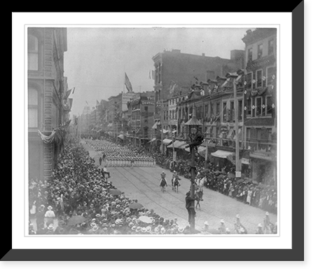 Historic Framed Print, [Funeral of Pres. Grant, New York City: groups of men marching in backgrd.; 3 men in light pole in foregrd.],  17-7/8" x 21-7/8"