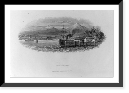 Steamship at dock in South American harbor, Antique Poster