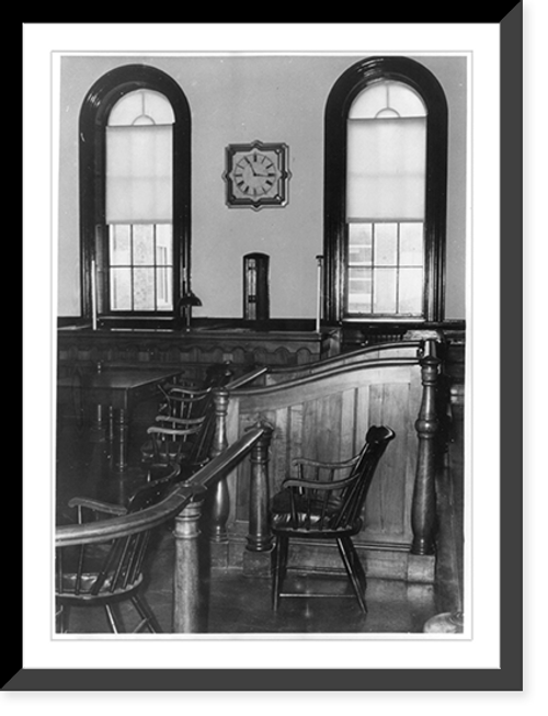 Historic Framed Print, [Plymouth County Court House, Plymouth, Ma.; interior: dock; court crier's desk between windows],  17-7/8" x 21-7/8"