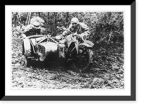 2 Germans struggling to free motorcycle and side car from Russian mud. July 1941, Vintage Wall Art