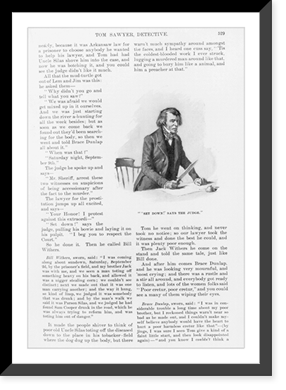 Judge holding knife in hand; Set down, says the judge" from "Tom Sawyer, Detective, p. 529", Antique Poster