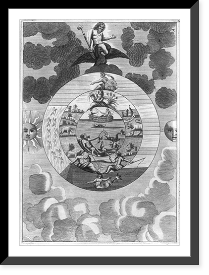 Cosmological scene showing concentric circles depicting creation, Antique Print