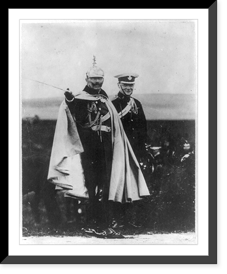 Winston Churchill with Kaiser Wilhelm at German Army maneouvers. Both standing, full lgth., in uniforms; Kaiser Wilhelm pointing with sword, Historic Print