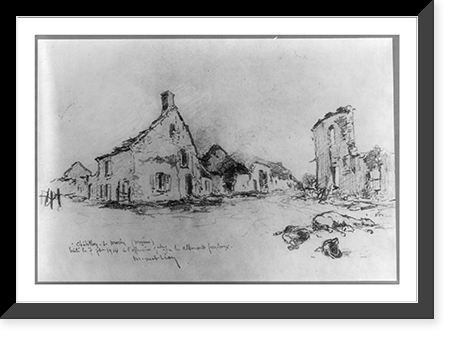 Historic Framed Print, [Devestated town of Chatilloy-sur-Marne, 1914 - dead horse and soldier in foreground],  17-7/8" x 21-7/8"