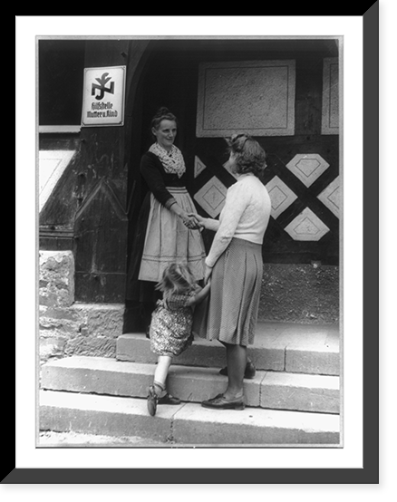 Historic Framed Print, [Woman with child shaking hands with social worker on steps],  17-7/8" x 21-7/8"