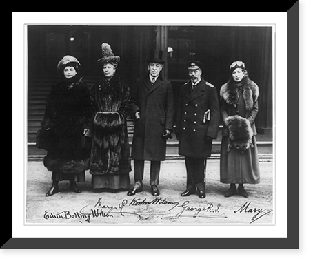Left to right: Edith Bolling Wilson, Queen Mary, Woodrow Wilson, King George V and Princess Mary, in the garden at Buckingham Palace, Historic Reproduction