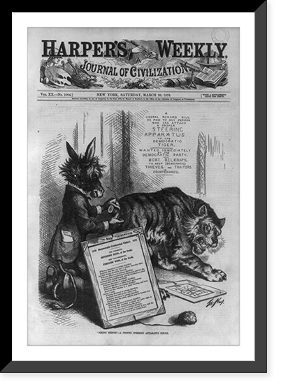 Fixing things" - a proper steering apparatus found Political cartoon showing Republican donkey tying cut-off tail of Democratic tiger" Classic, Vintage Print