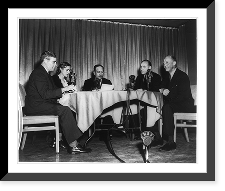Theodore Granik, Clare Boothe Luce, and 3 men around table with microphones, Antique Print