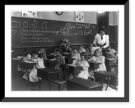 Grade school, Washington, D.C. - children drawing and cutting rectangles, triangles, etc, Antique Print