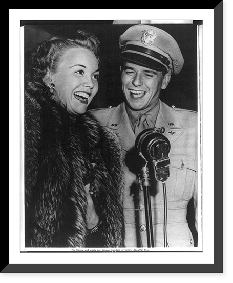 Ronald Reagan in uniform and Jane Wyman wearing fur at microphone, Antique Print