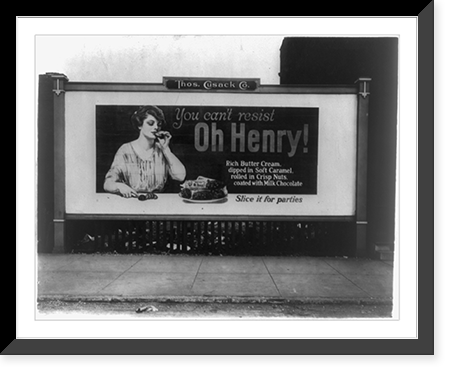 Billboard illustration showing a woman eating an Oh Henry candy bar, Historic Print