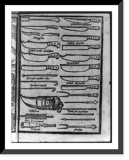 The first depiction of the forcina. Page of knives, forks, etc. Classic, Vintage Poster