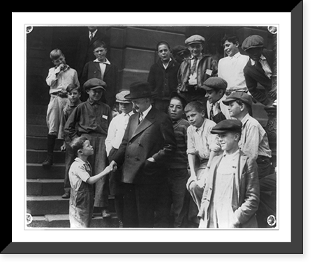 Red" shaking hands with Judge Benjamin Barr Lindsey and telling him about a swimming hole, as a group of boys look on, on steps. Denver, Colo.", Vintage Print