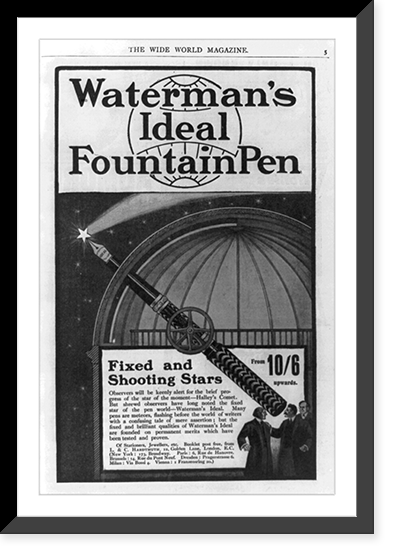 Advertisement showing Waterman's ideal fountain pen, replacing telescope, pointing to Halley's Comet at observatory, Antique Poster