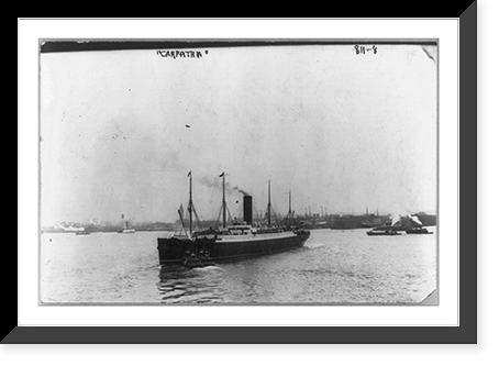 Historic Framed Print, [Steamship CARPATHIA - bow view with 2 tugboats at bow],  17-7/8" x 21-7/8"