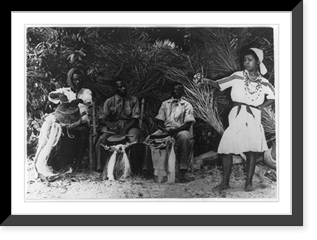 3 Haitian drummers and a dancer demonstrate an ancient dance as well as a folk rite of the West Indian island republic of Haiti at the National Folk Festival, Philadelphia Vintage Wall Art Print
