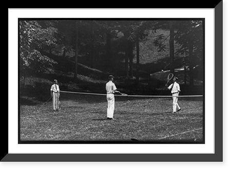 2 young men playing tennis on lawn, as another one watches Classic, Antique Poster