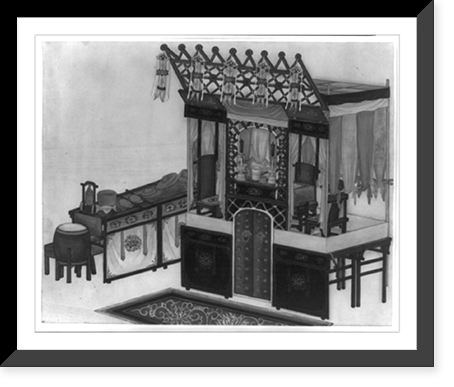 Taoist service altar with musical instruments for monks to use, Historic Print