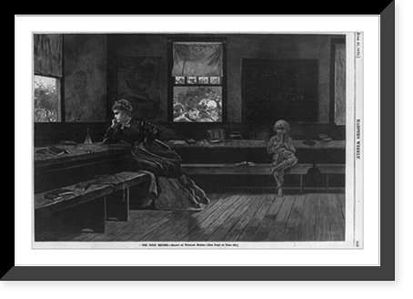 The noon recess Teacher and boy reading; children are seen through window playing, Vintage Wall Art