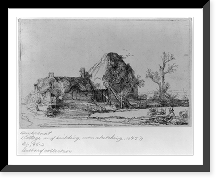 Historic Framed Print, [Cottage and farm building, man sketching],  17-7/8" x 21-7/8"