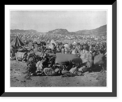 Historic Framed Print, [Large group of Moslem pilgrims camping, many tents and camels; mountains in backgrd., Mecca],  17-7/8" x 21-7/8"