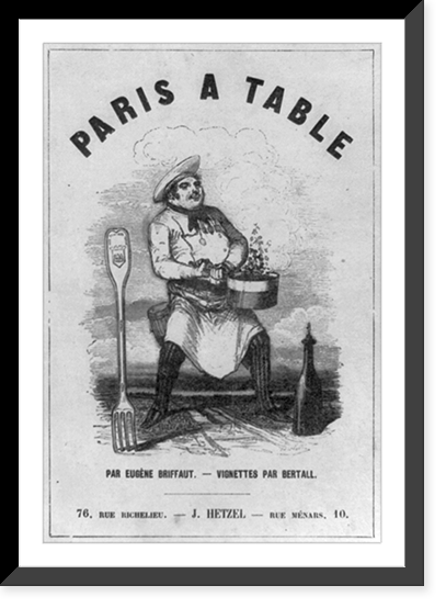 Title page showing bottle, large fork and man holding bubbling pot, Historic Reproduction