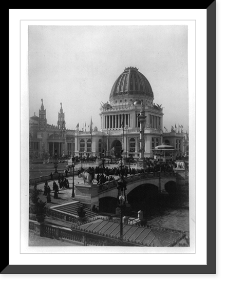 Administration Building and Machinery Hall?, World's Columbian Exposition, Chicago, 1893. Bird's-eye view with many people on bridge, Antique Wall Art