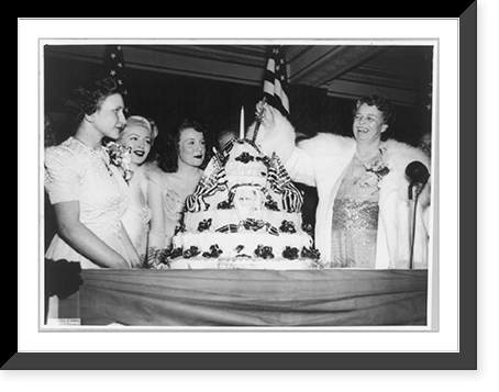Eleanor Roosevelt cutting birthday cake, with Lana Turner and Deana Durbin on her right, Antique Print
