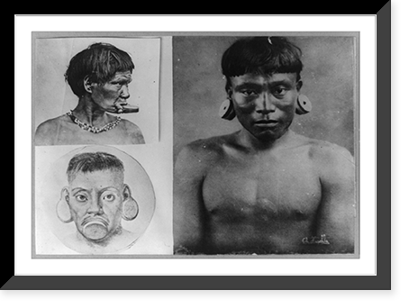 Brazil. 3 Botocudos Indian men with large ear and mouth rings, Vintage Poster