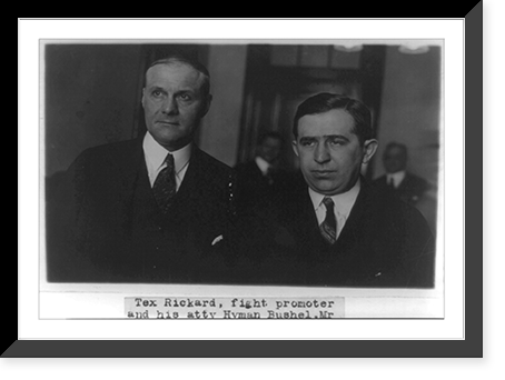 Tex Rickard, fight promoter, and his atty. Hyman Bushel in Washington to testify before the Senate Committee investigating Atty. Gen. Daugherty in regard to fight films, Historic Reproduction