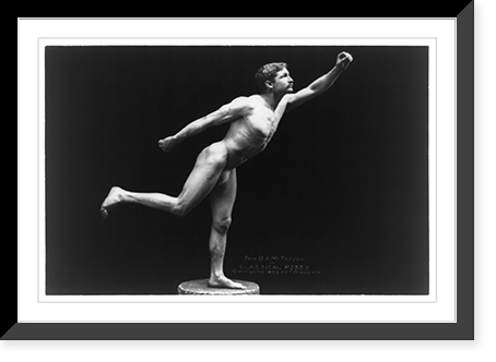 Nude male, Prof. B.A. McFadden, full-length portrait, standing on one foot on pedestal, facing right, wearing a fig leaf, Historic Print