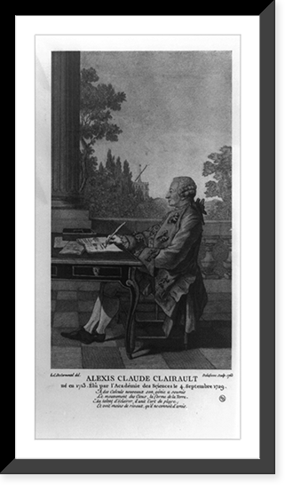 Alexis Claude Clairaut, full-length portrait, seated at table, left profile, writing on balcony, Historic Print