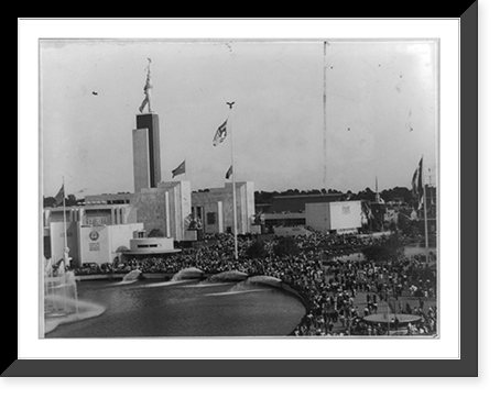Bird's-eye view of New York World's Fair, showing the Soviet and Czechoslovakian Pavillions. At the left is the Lagoon of Nations, Vintage Print