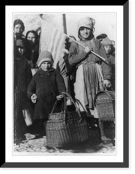 Historic Framed Print, [Italian children waiting for supplies from the American Red Cross. One child is holding baskets and another child is holding a basket and American flag],  17-7/8" x 21-7/8"