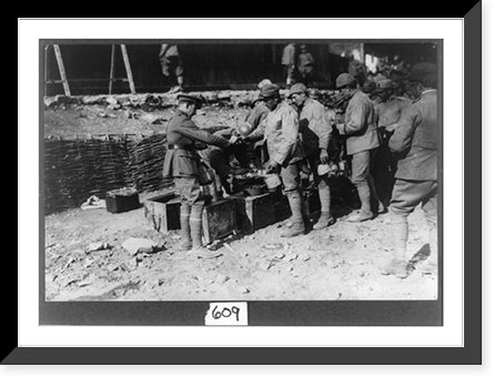 Kitchen No. 3 serving hot coffee to soldiers, Italian front, Antique Print