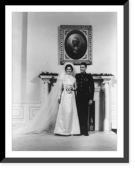 Lynda Bird Johnson and Charles Robb wedding picture taken in the White House in front of fireplace, under picture of George Washington, Historic Print
