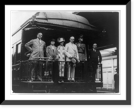 President Coolidge with his wife and four other people on back of train, Vintage Print