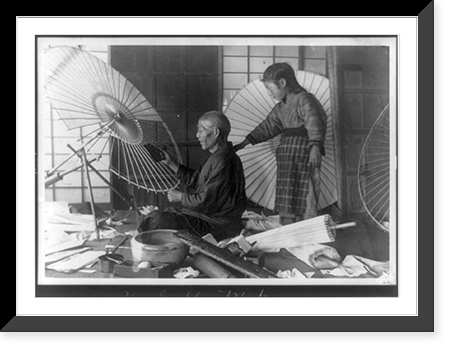 Umbrella maker. man making an umbrella, with girl standing behind him, Antique Print