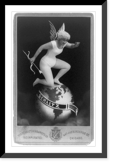 Advertisement for Schlitz beer showing woman as cupid kneeling on world globe Classic, Antique Poster